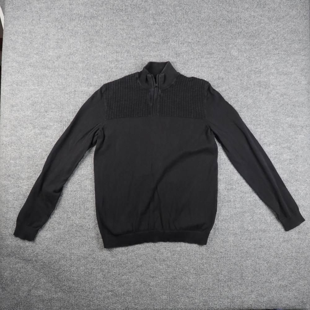 Alfani Sweater Mens Medium Black Textured Shoulder Quarter Zip Pullover Cotton